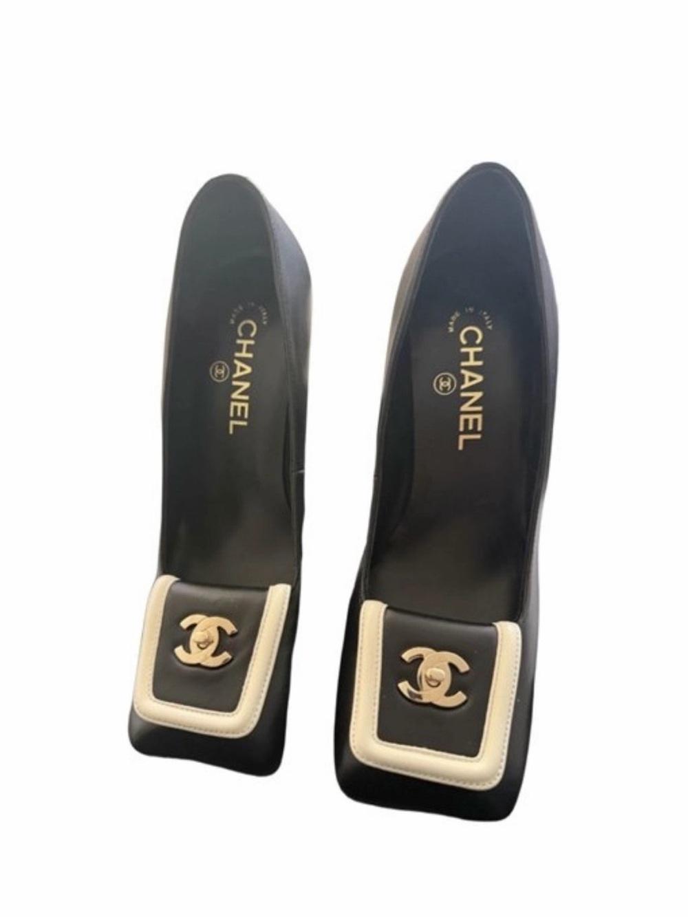 CHANEL Black and Ivory Leather Square-Toe Block Heels with Gold CC 38.5